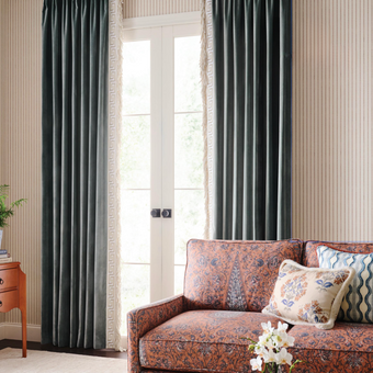 Custom drapery in living room over french doors