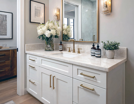 Bathroom vanity with white cabinets, marble countertop, and decorative elements.
