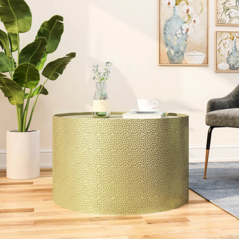 Rache Modern Round Accent Table With Hammered Iron, Gold