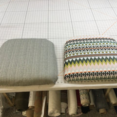 Small upholstery sample by At Home Design that shows dining room chair cushion before and afters