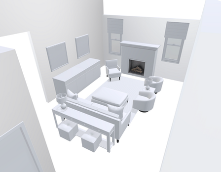 3D rendering of a modern living room with white furniture.