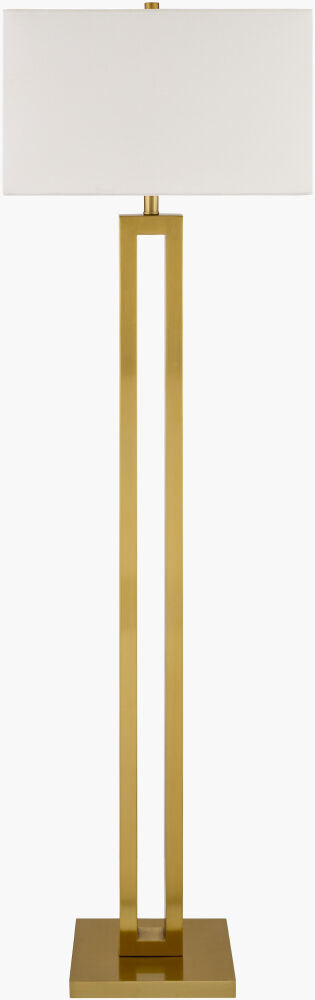 Gold floor lamp with a white shade on a white background