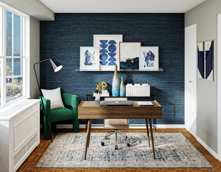 Modern home office with a desk, chair, and decorative wall art.